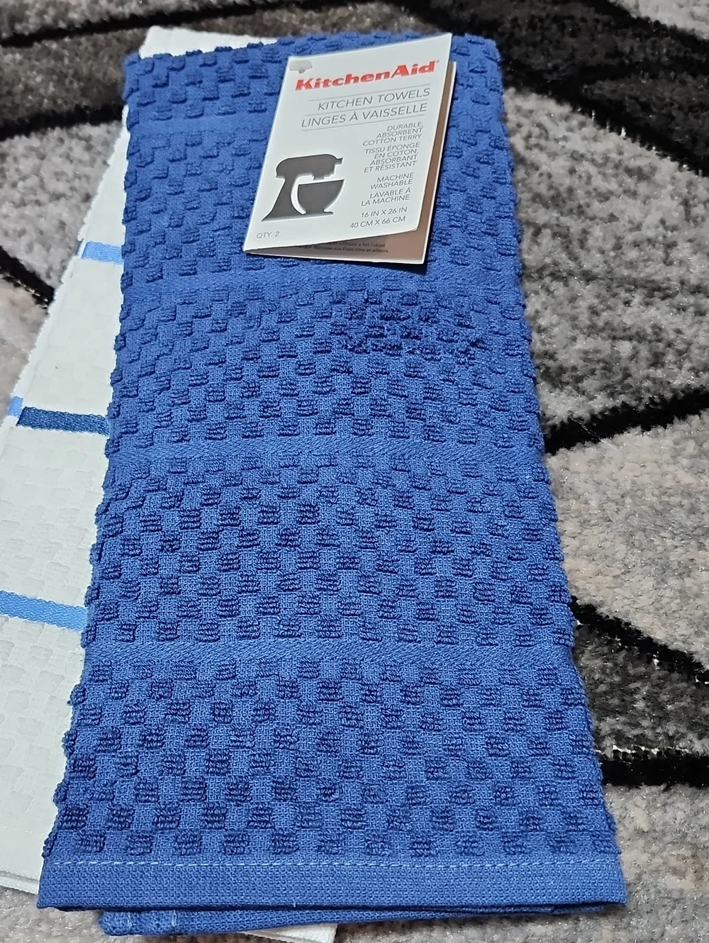 KITCHEN AID 2017 NAVY BLUE/DISIGN 2PC WAFFLE WEAVE KITCHEN TOWELS